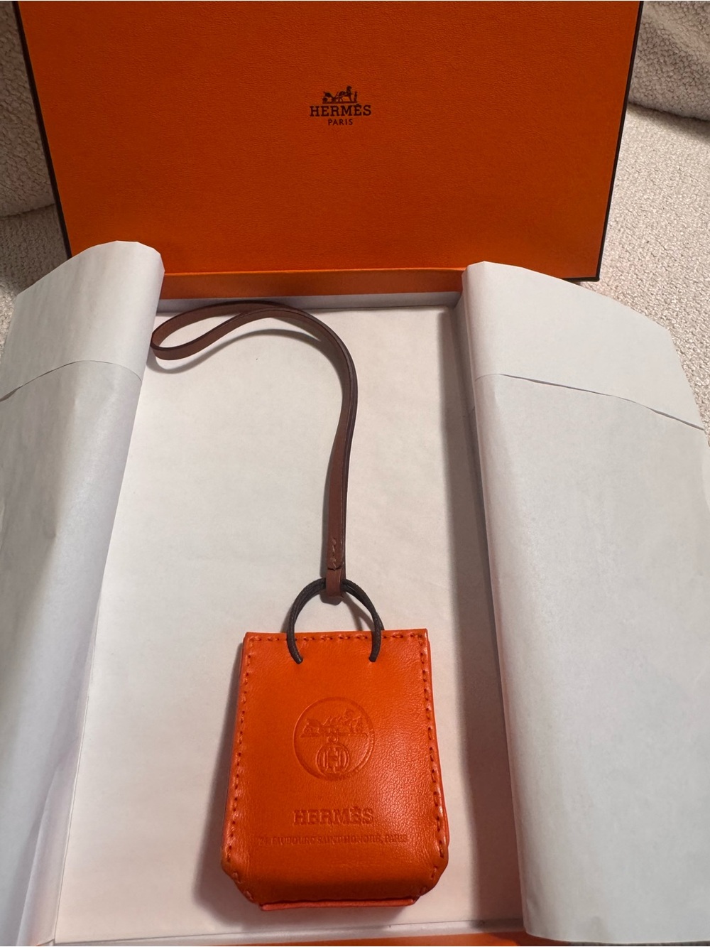 Hermès Sac Shopping Bag Purse Charm in Orange Milo Lambskin
